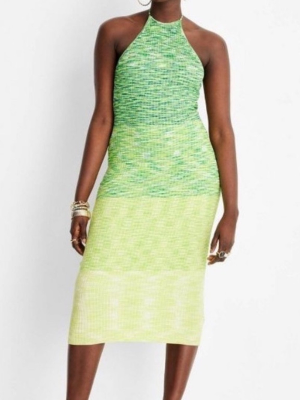 Gradient Lime Green Halter Midi Knit Dress